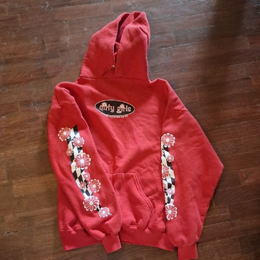 Dirty GIRL Red Hoodie with Floral Sleeve Design
